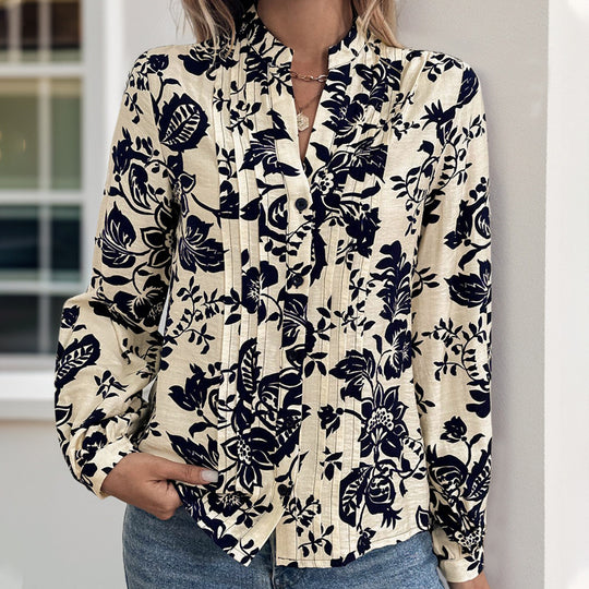 Damen Locker geschnittene Bluse mit Stehkragen, Kellerfalten und floralem Print Shop Nory