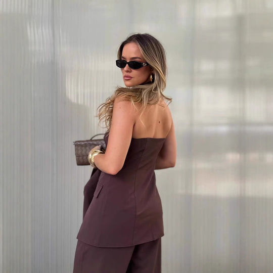 Damen Zweiteiliges Tailoring-Set mit trägerlosem Korsagenoberteil und weiter Palazzohose Shop Nory