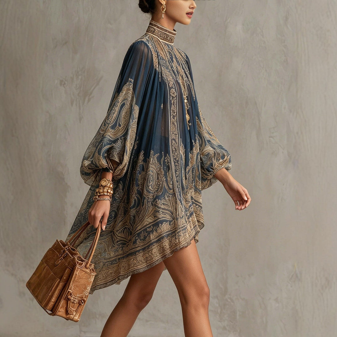 Damen Ätherisches Chiffon Tunika Kleid mit Hohem Stehkragen und Ballonärmeln Shop Nory