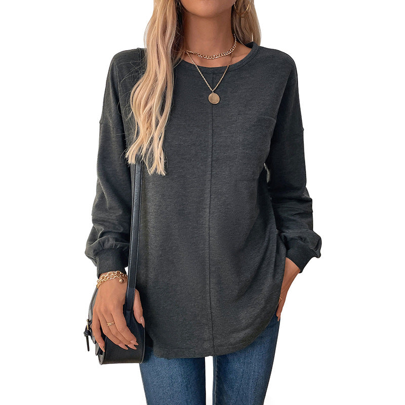 Damen Lässiges Langarm-Jerseyshirt mit Mittiger Ziernaht, Rundhals & abgerundetem Saum Shop Nory