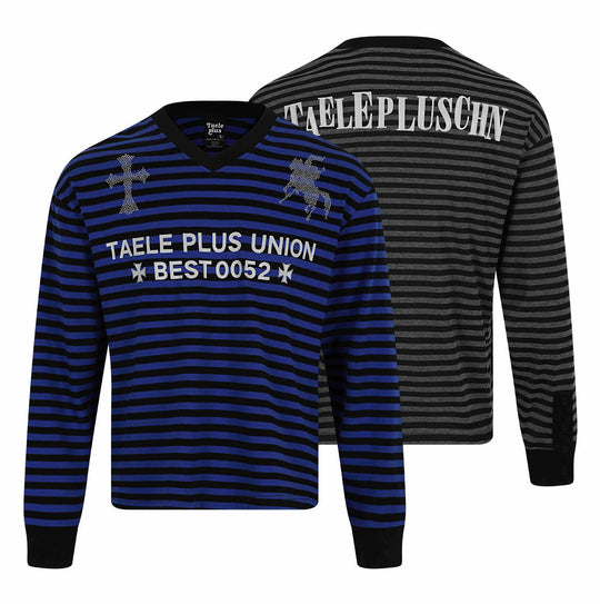 Unisex Gestreifter Langarm-Pullover mit V-Ausschnitt und Strassapplikationen Shop Nory