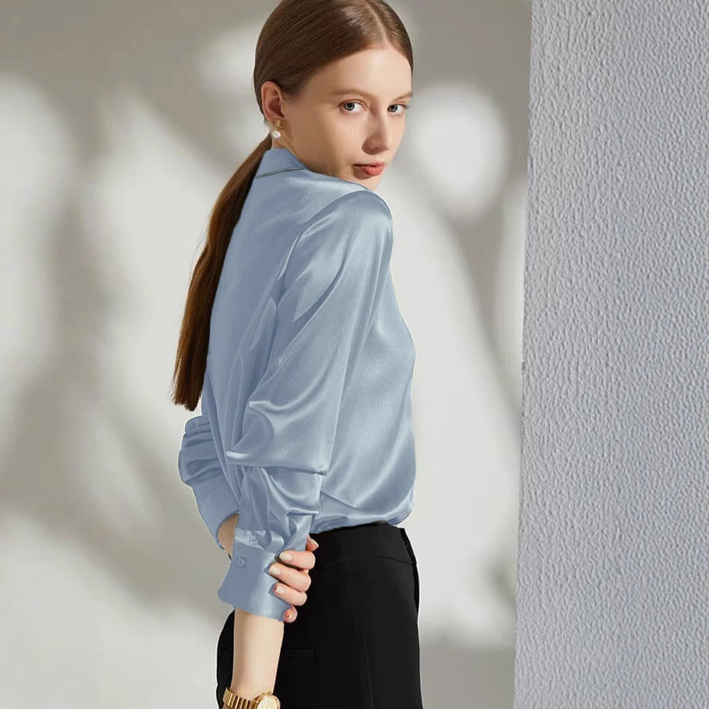 Damen Luxus Satin-Bluse mit elegantem Kragen und weichen Ärmeln