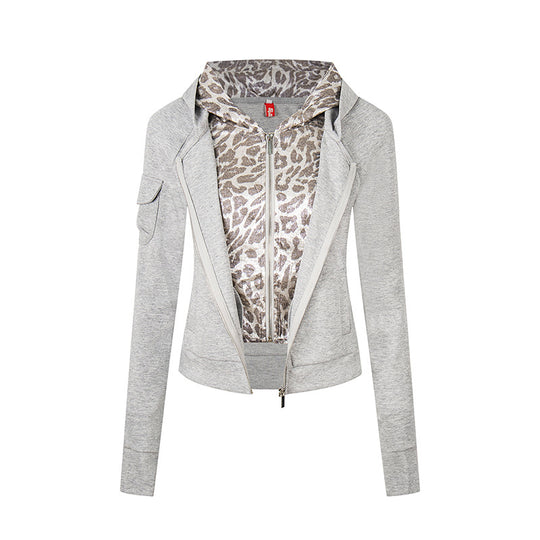 Damen Lagenlook-Zip-Hoodie mit metallischem Leoparden-Innenfutter und schmaler Silhouette Shop Nory