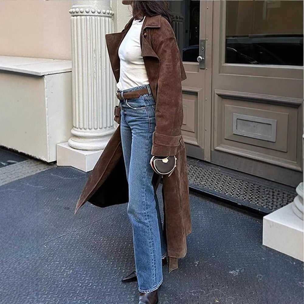 Damen Langer Doppelreihiger Trenchcoat aus Veloursleder-Optik mit Taillengürtel Shop Nory