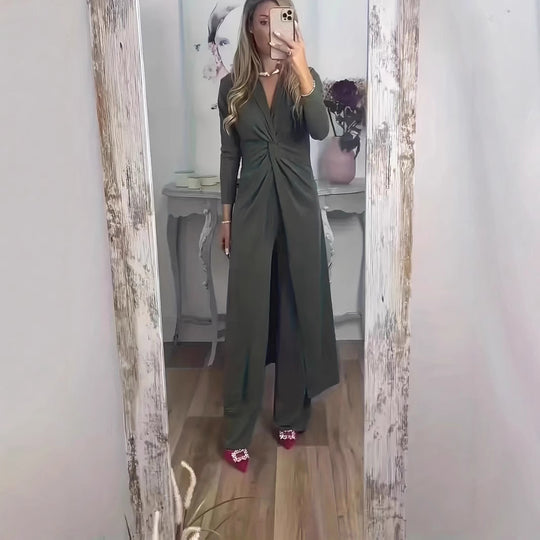 Damen Maxikleid mit V-Ausschnitt, Knotendetail und Animal-Print Shop Nory
