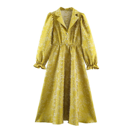 Damen Midikleid aus Jacquard mit Puffärmeln, Reverskragen und tailliertem A-Linien‑Schnitt Shop Nory