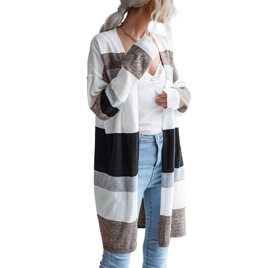 Damen Langer Offener Strickcardigan mit Blockstreifen, Leichtem Fall und Eingrifftaschen Shop Nory