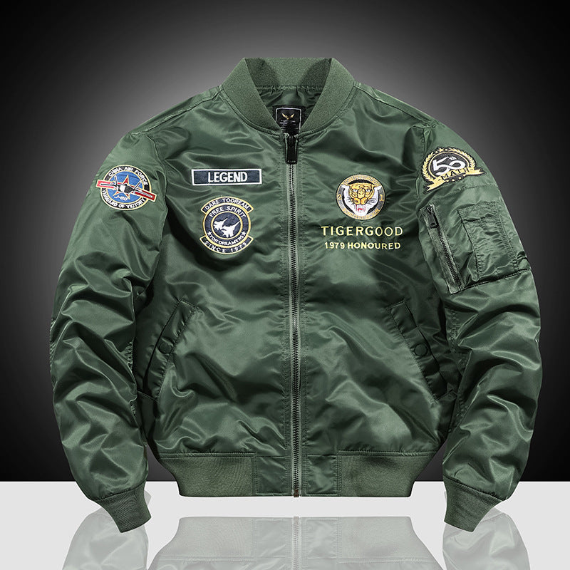 Herren bestickte Nylon-Flightjacke mit großflächigem Tiger- und Motorradmotiv Shop Nory