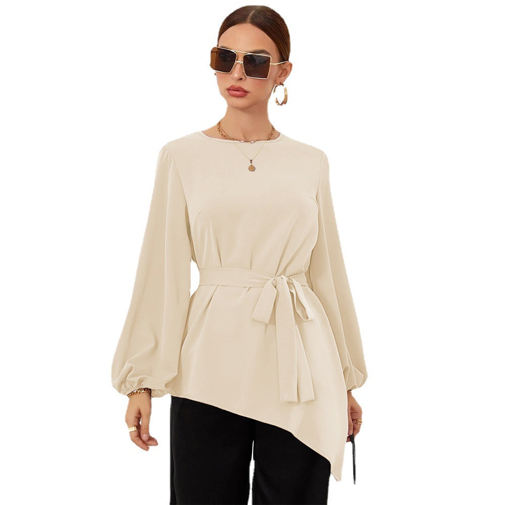 Damen asymmetrische Tunika-Bluse mit Ballonärmeln und Taillengürtel Shop Nory
