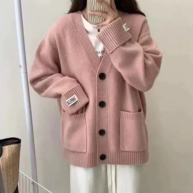 Damen Grob gestrickter Cardigan mit großen Taschen und tiefem V-Ausschnitt