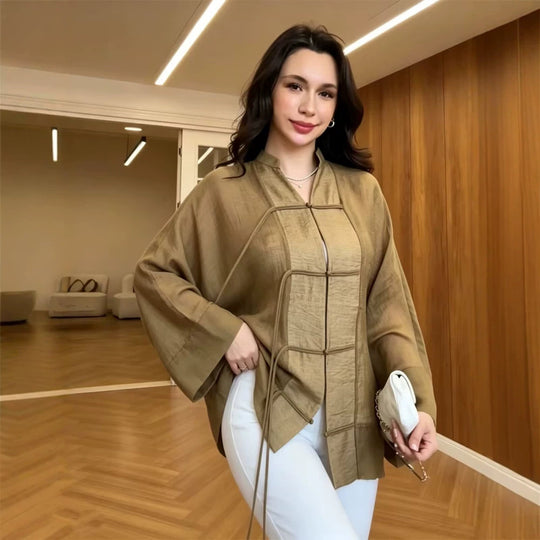 Damen Leinen-Kimonojacke mit weiten Ärmeln, Zierknoten-Grid & Bindegürtel Shop Nory