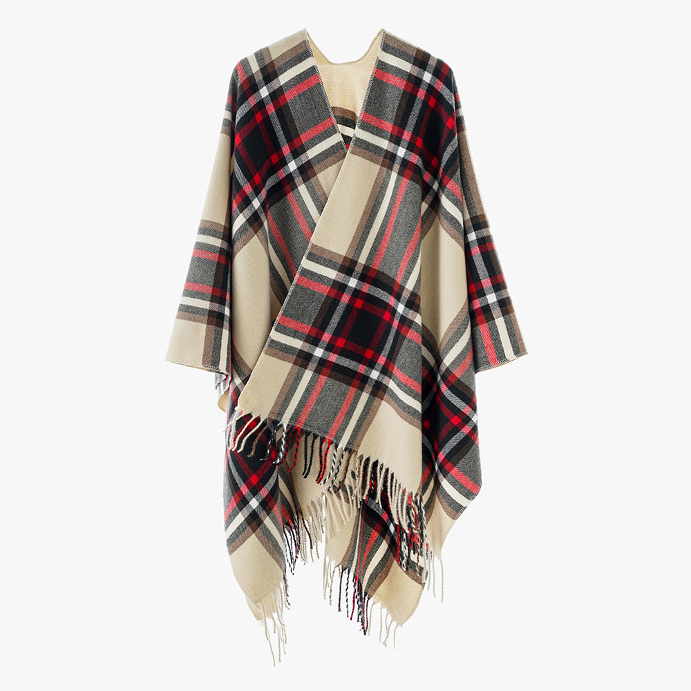 Damen Karierter Oversize-Überwurfponcho mit V-Ausschnitt und Fransensaum Shop Nory