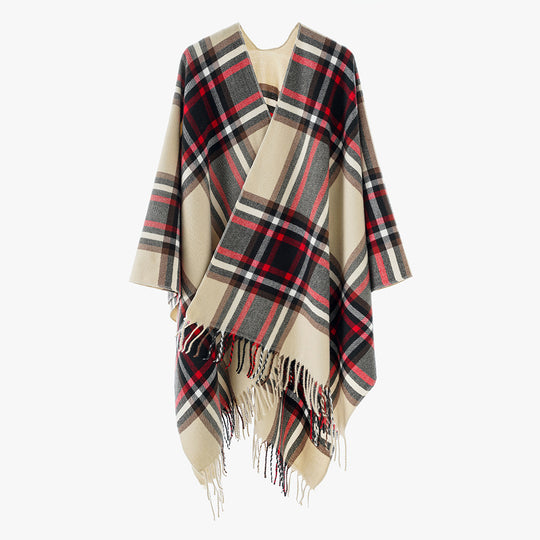Damen Oversize-Karo-Capeponcho aus Wollmix mit V-Ausschnitt und Fransensaum Shop Nory