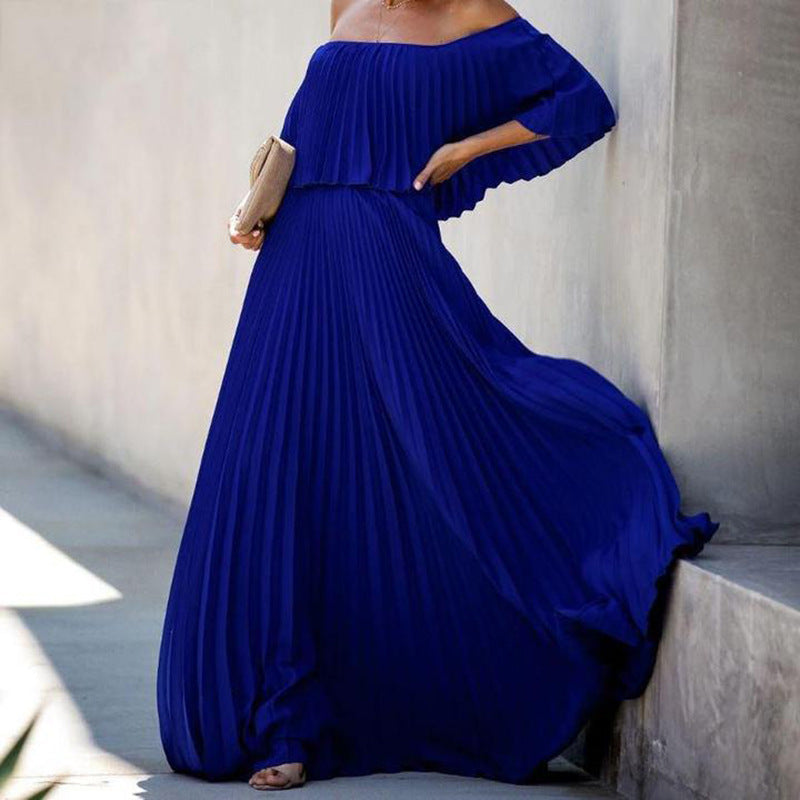 Damen Maxikleid mit asymmetrischem Plisseefall und schulterfreiem Design