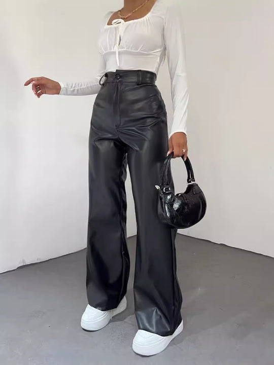 Damen Weite High-Waist-Hose aus Satinoptik mit weitem Bein Shop Nory