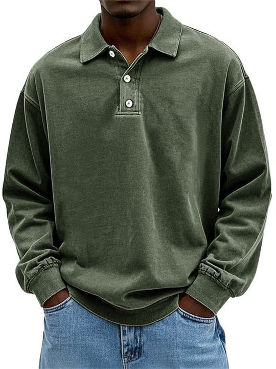 Herren Oversize Denim-Look Polo-Sweatshirt mit kurzer Knopfleiste und elastischen Bündchen EB