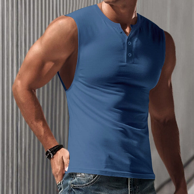 Herren nan ärmelloses Muskelshirt mit Henley-Knopfleiste, tiefem Armausschnitt und elastischem Baumwollmix