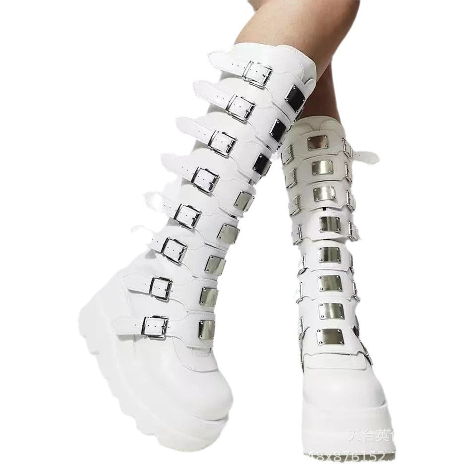 Damen Plateau-Kniehohe Gothic-Bikerstiefel mit mehrfachen Schnallen und Metallplatten Shop Nory