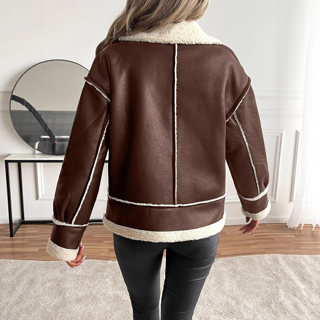 Damen Modische Kunstlederjacke mit Teddyfutter