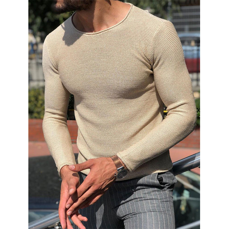 Herren Schmal geschnittener Strukturstrick-Langarmpullover mit Rundhalsausschnitt Shop Nory