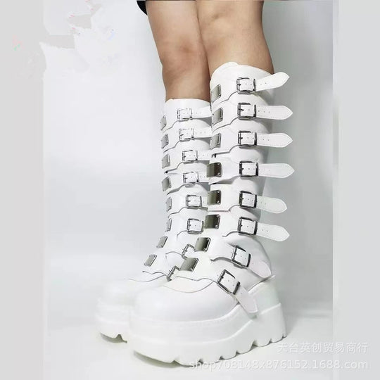 Damen Plateau-Kniehohe Gothic-Bikerstiefel mit mehrfachen Schnallen und Metallplatten Shop Nory