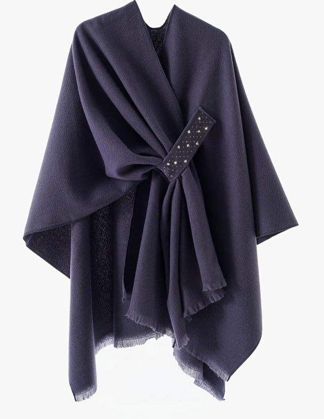 Damen Eleganter Wickel-Umhang aus Wollmischung mit Taillenschärpe und Fransensaum Shop Nory