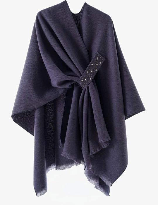 Damen Eleganter Wickel-Umhang aus Wollmischung mit Taillenschärpe und Fransensaum Shop Nory