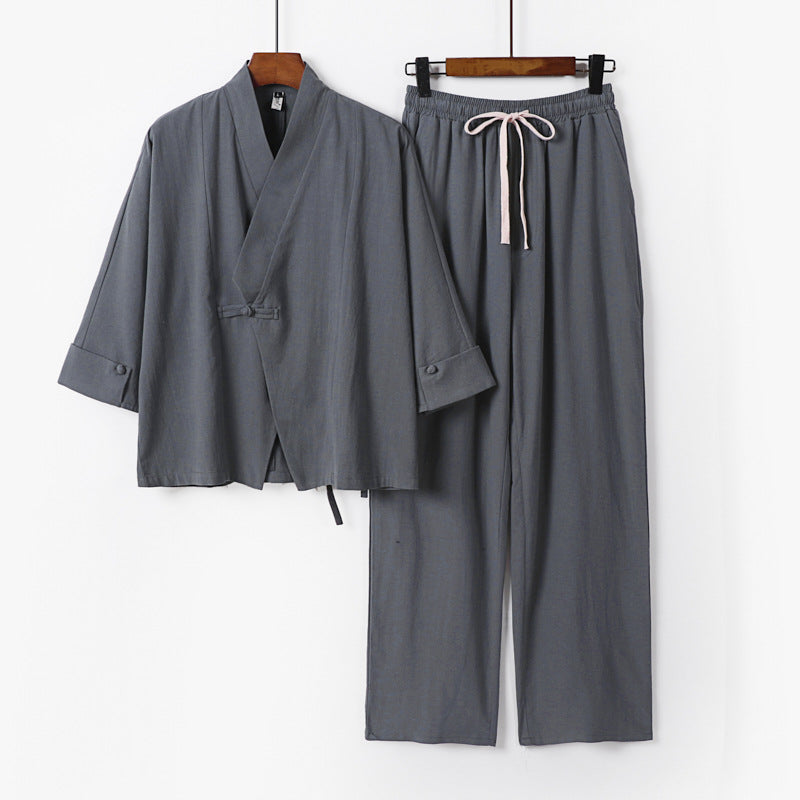 Unisex Leichtes Zen-Lounge-Set im Kimono-Stil mit überschnittener Schulter verdeckter Knotenleiste und elastischer Tunnelzughose Shop Nory