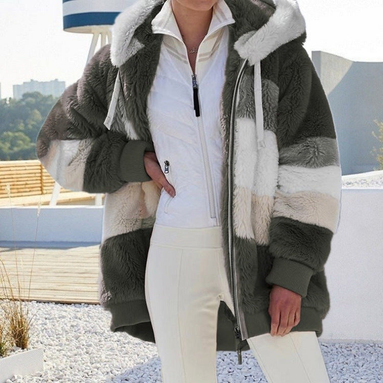 Damen nan Oversize Teddyfell-Kapuzenjacke mit Farbblock-Streifen, hochwertigem Reißverschluss und gerippten Bündchen Shop Nory