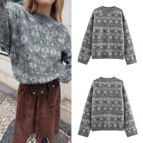 Damen Oversize Jacquard-Pullover aus weichem Mohair‑Mix mit Rundhalsausschnitt Shop Nory