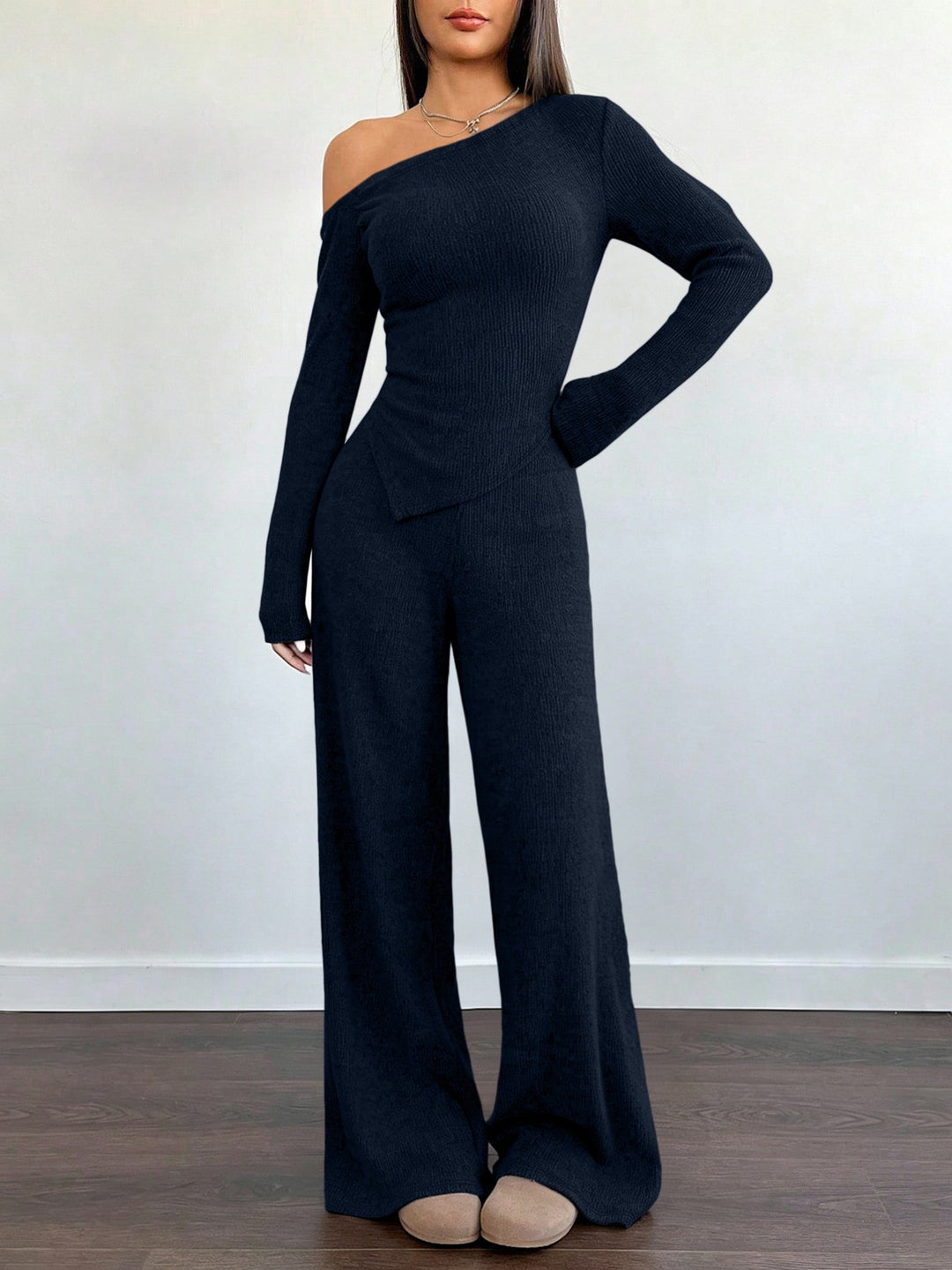 Damen Asymmetrisches Strick-Lounge-Set mit One-Shoulder-Oberteil und weitem Bein Shop Nory