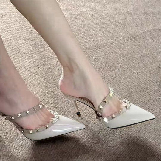 Damen Elegante spitz zulaufende Pantoletten mit doppeltem Nietenriemen und hohem Stiletto‑Absatz Shop Nory