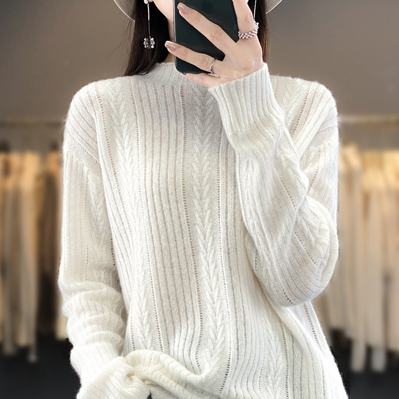 Damen Kaschmirähnlicher Feinstrick-Mockneckpullover mit Ajour‑Zopfmuster und lässiger Oversize‑Passform Shop Nory