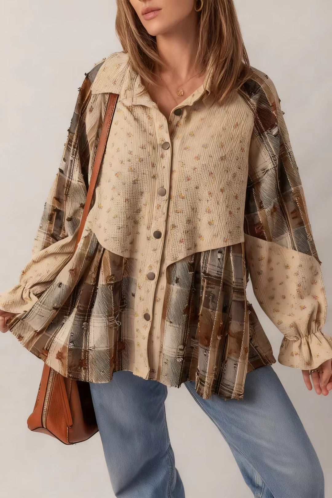 Damen Patchwork-Bluse-Jacke mit plissiertem Saum und Knopfleiste Shop Nory