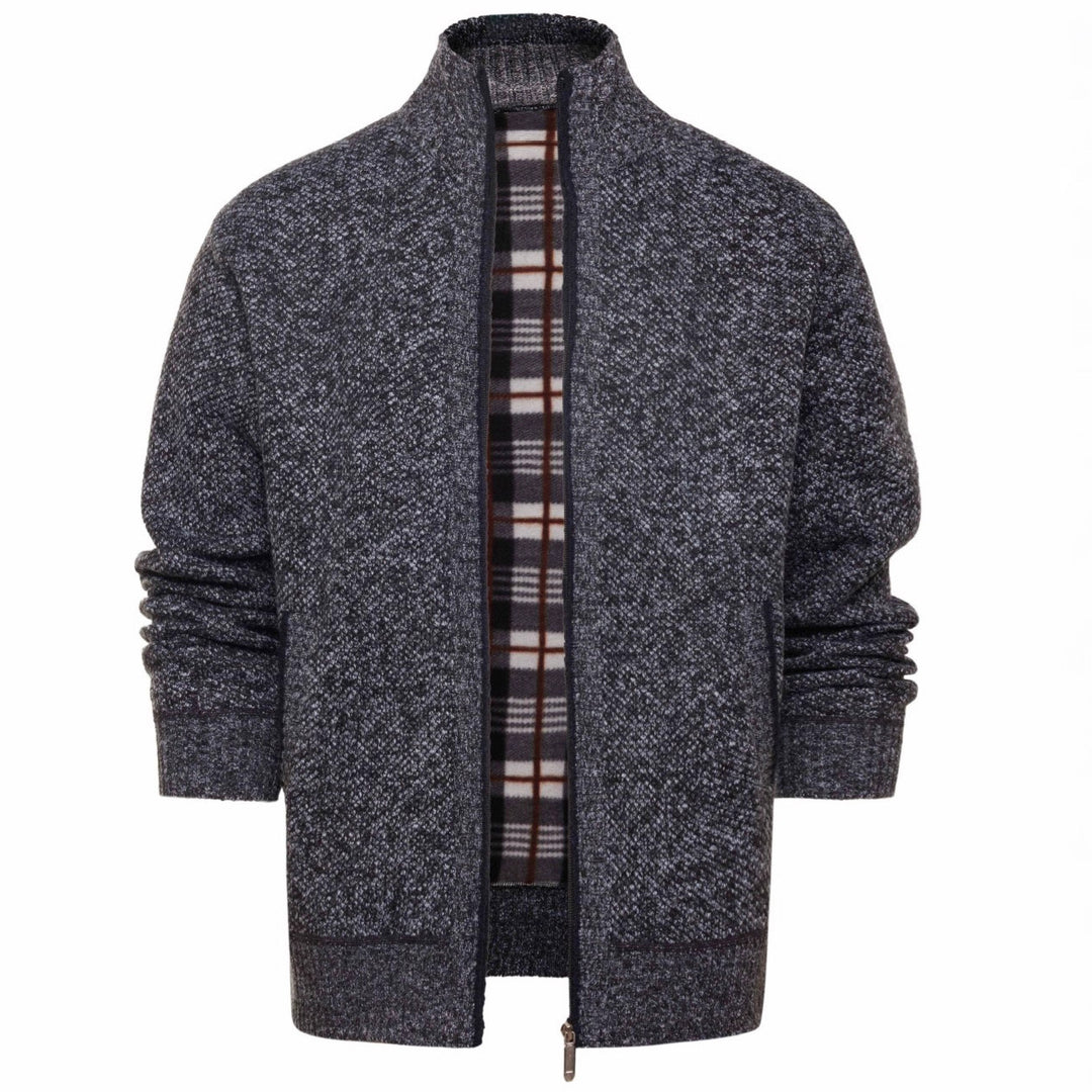 Herren gebürstete Strickjacke mit kariertem Thermofutter und Stehkragen Shop Nory