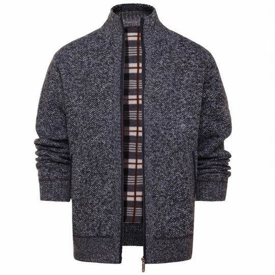 Herren gebürstete Strickjacke mit kariertem Thermofutter und Stehkragen Shop Nory