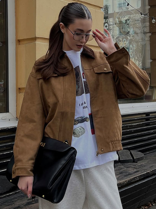 Damen Boxy-Suede-Blousonjacke mit Cordkragen und Teddyfutter Shop Nory