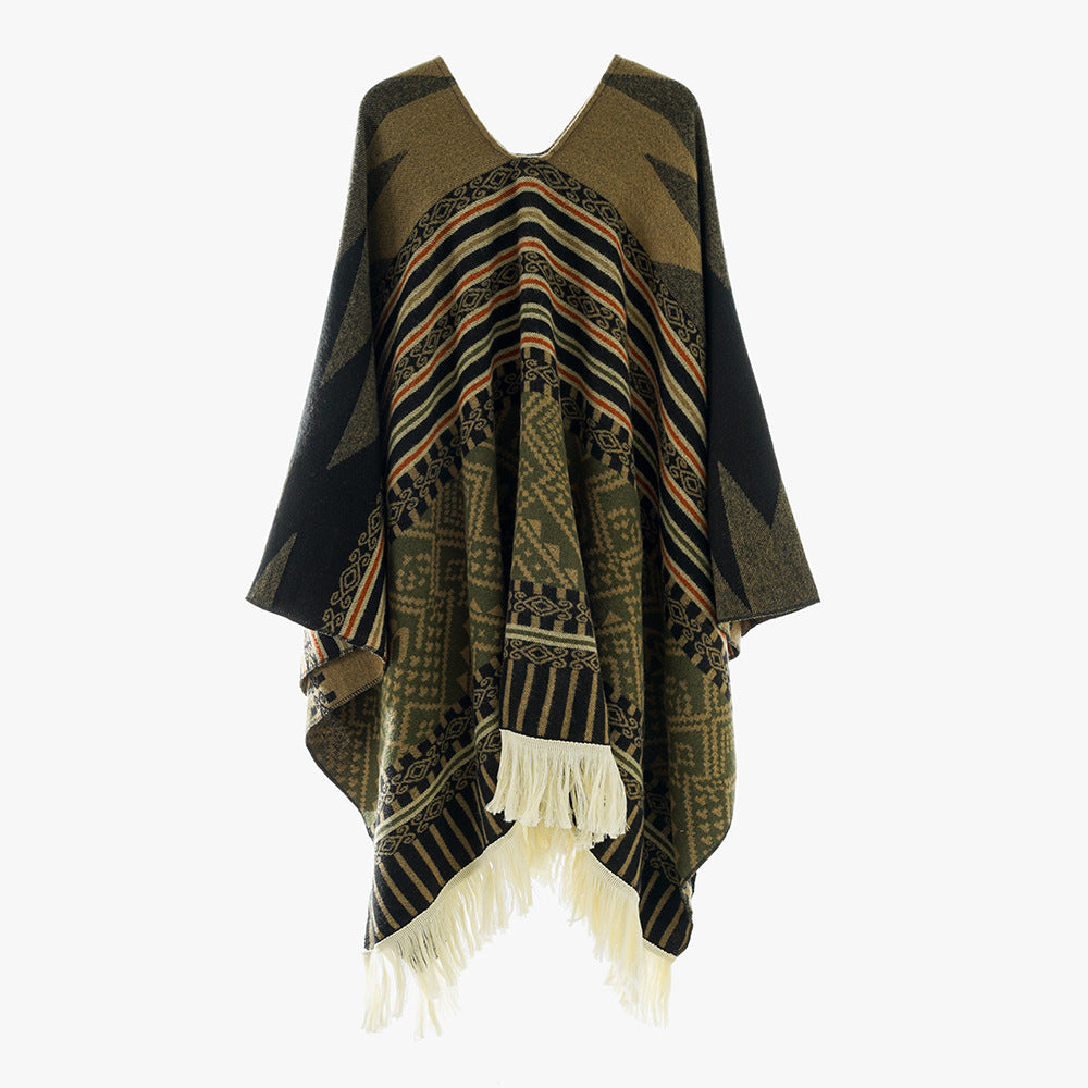 Damen Jacquard‑Ruana im Deckenstil mit V‑Ausschnitt, geometrischem Ethno‑Muster und Fransensaum Shop Nory