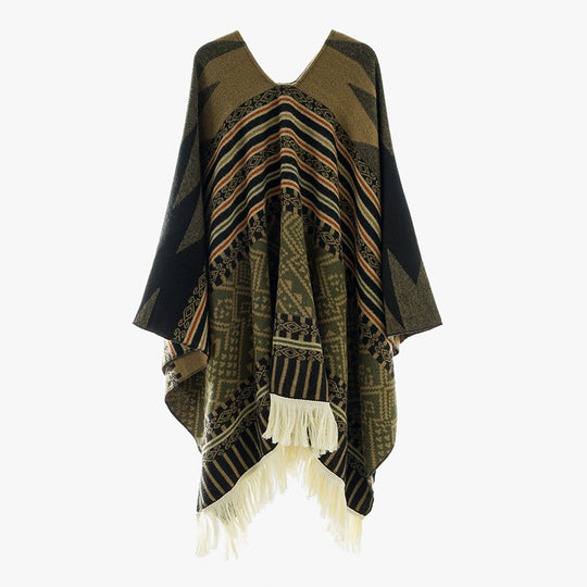 Damen Jacquard‑Ruana im Deckenstil mit V‑Ausschnitt, geometrischem Ethno‑Muster und Fransensaum Shop Nory