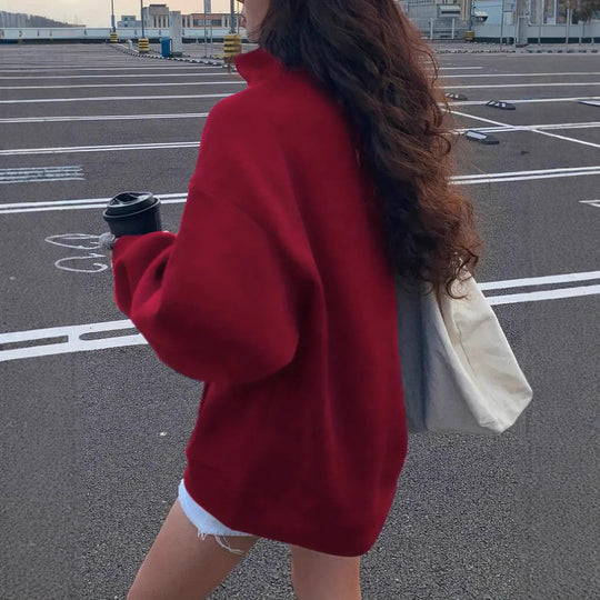 Damen Oversized Sweatshirt mit halbem Reißverschluss, hohem Stehkragen und Kängurutasche Shop Nory