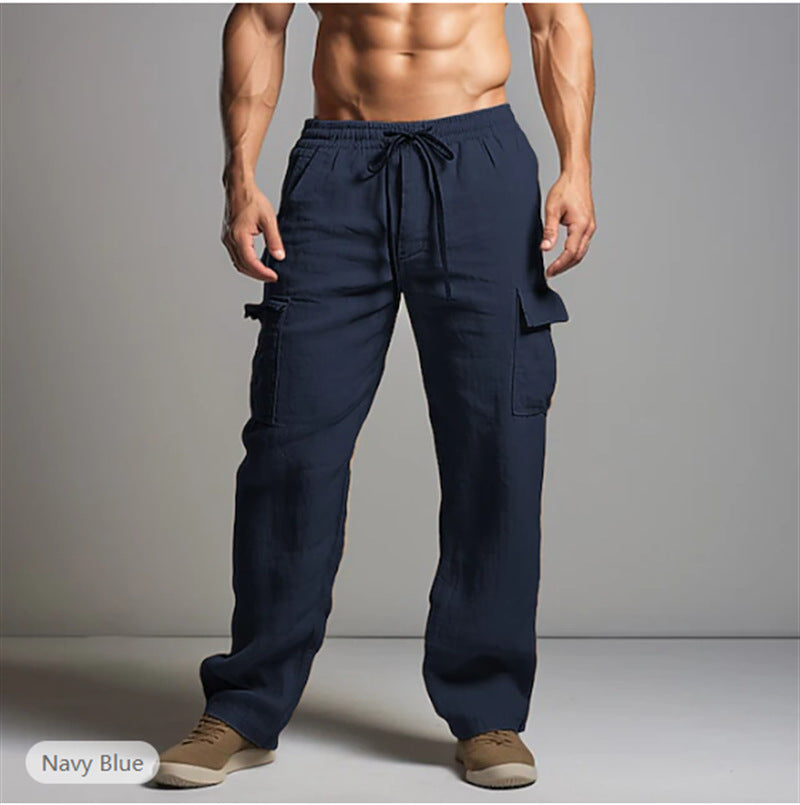 Herren leichte Leinen Cargohose mit elastischem Bund und großen Seitentaschen Shop Nory