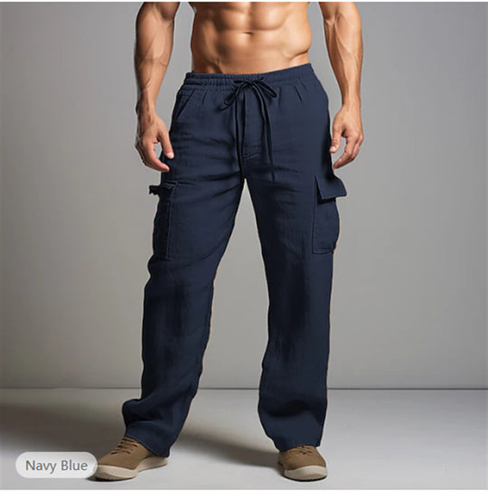 Herren leichte Leinen Cargohose mit elastischem Bund und großen Seitentaschen Shop Nory