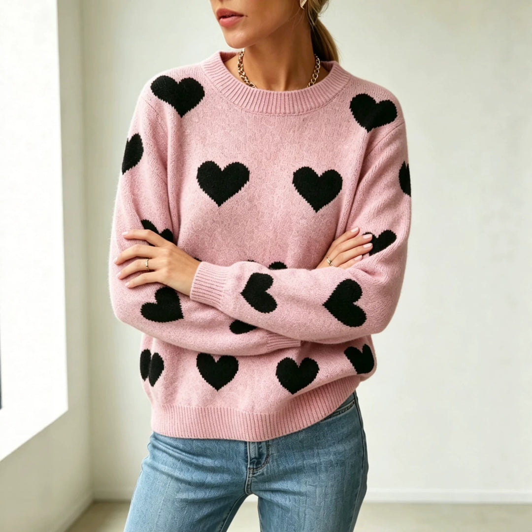 Damen Herz-Intarsien Rundhalspullover mit lässiger Oversize-Passform Shop Nory