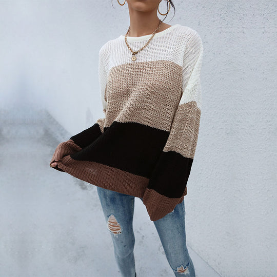 Damen Lässiger Farbblock-Strickpullover mit offener Maschenstruktur und Rundhalsausschnitt Shop Nory