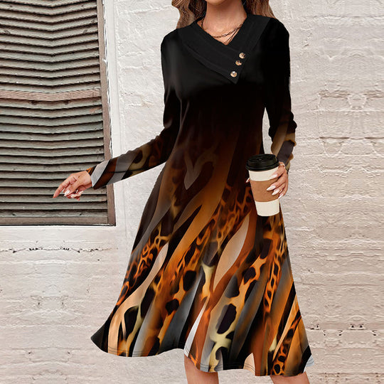 Damen A-Linien-Midikleid mit Animal-Print, asymmetrischem V-Ausschnitt und Zierknopfleiste Shop Nory