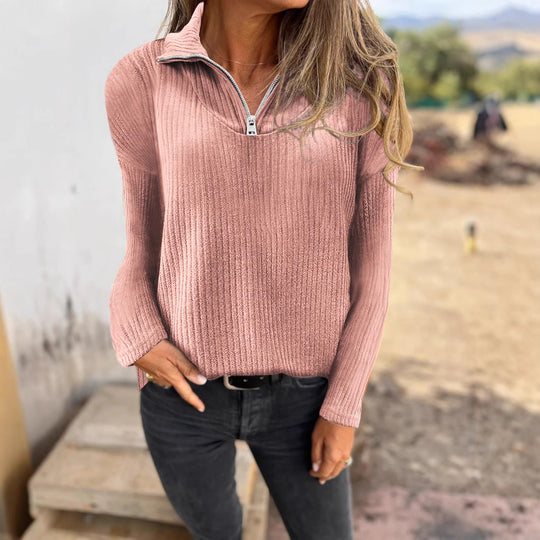 Damen Rippstrickpullover mit halbem Reißverschluss und Stehkragen Shop Nory