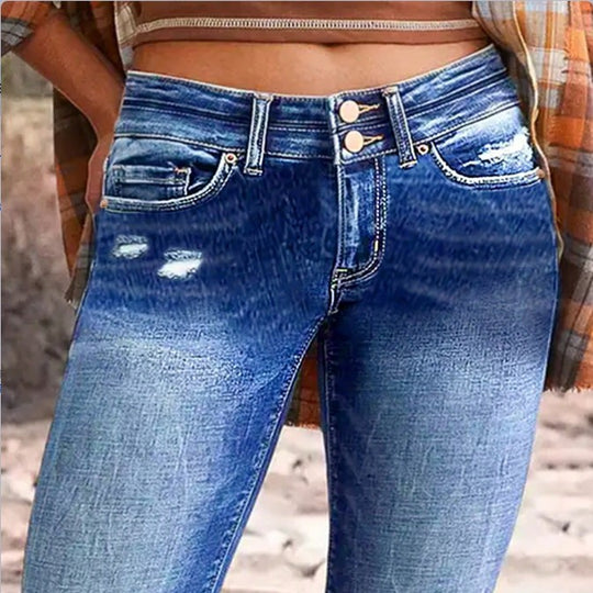 Damen hochgeschnittene Slim‑Cropped‑Jeans mit rohem Saum, Used‑Wash und elastischem Komfortbund Shop Nory