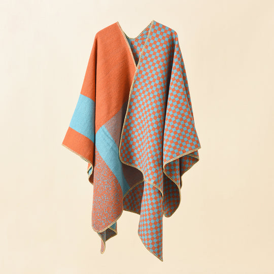 Damen Wendbarer Karomuster-Capeponcho aus Wollmix mit kastigem Oversize-Fall Shop Nory
