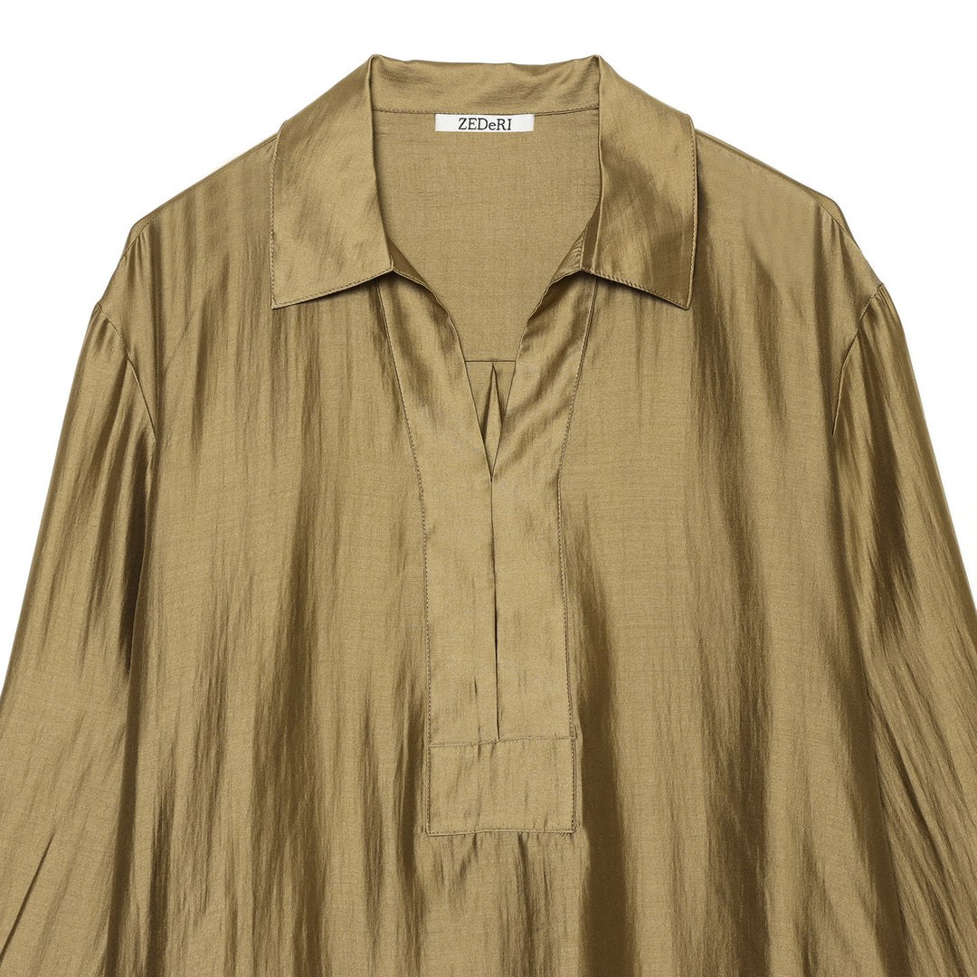 Damen Oversize-Satinbluse mit Hemdkragen, verdeckter Knopfleiste und Manschetten Shop Nory
