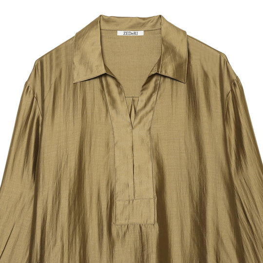 Damen Oversize-Satinbluse mit Hemdkragen, verdeckter Knopfleiste und Manschetten Shop Nory